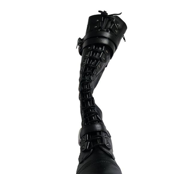 Illude Ladies Timberly Black Knee High Lace Up Buckle Military Boots - Size 7 - Picture 3 of 9